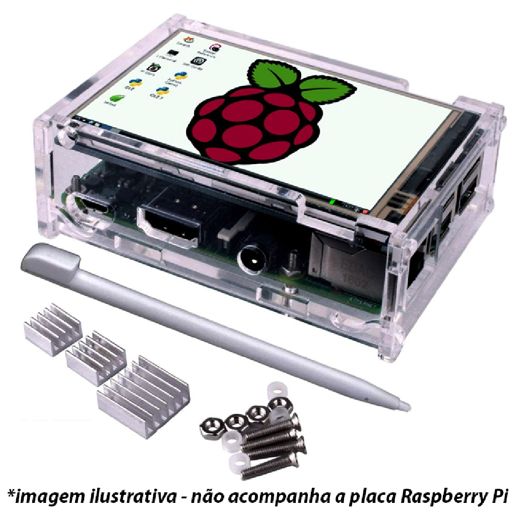 CASE EM ACRILICO COM TELA TOUCH SCREEN 3,5" PARA RASPBERRY + KIT DISSIPADORES ALUMINIO