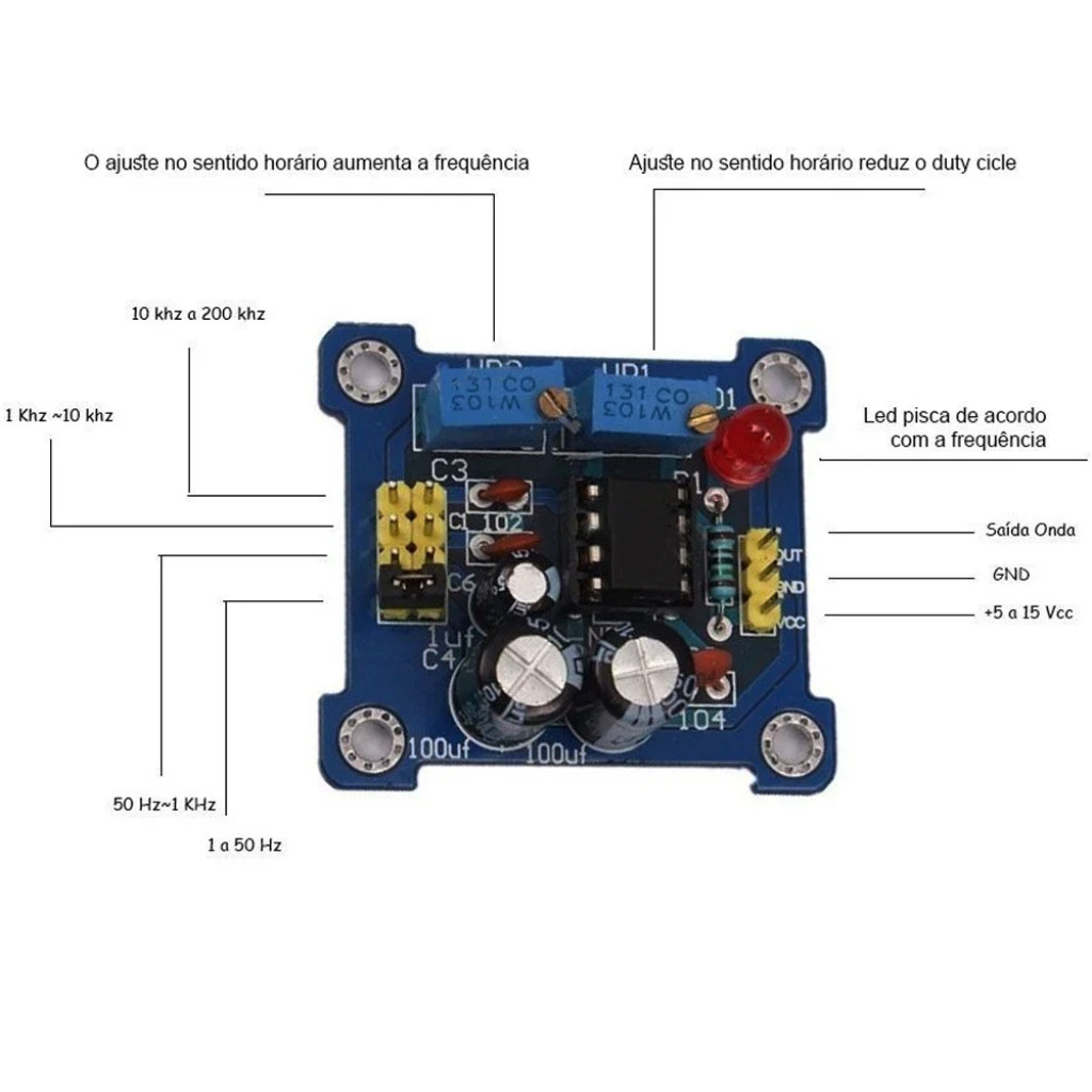 KIT MÓDULO NE555 GERADOR DE PULSO FREQUENCIA 1Hz A 200KHz - Imagem 3