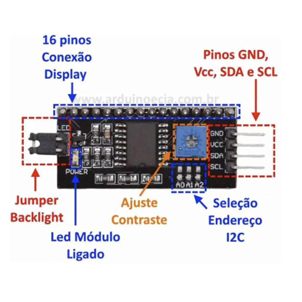 DISPLAY LCD 16X2 FUNDO AZUL COM ESCRITA BRANCA E MODULO IIC/I2C - Imagem 3